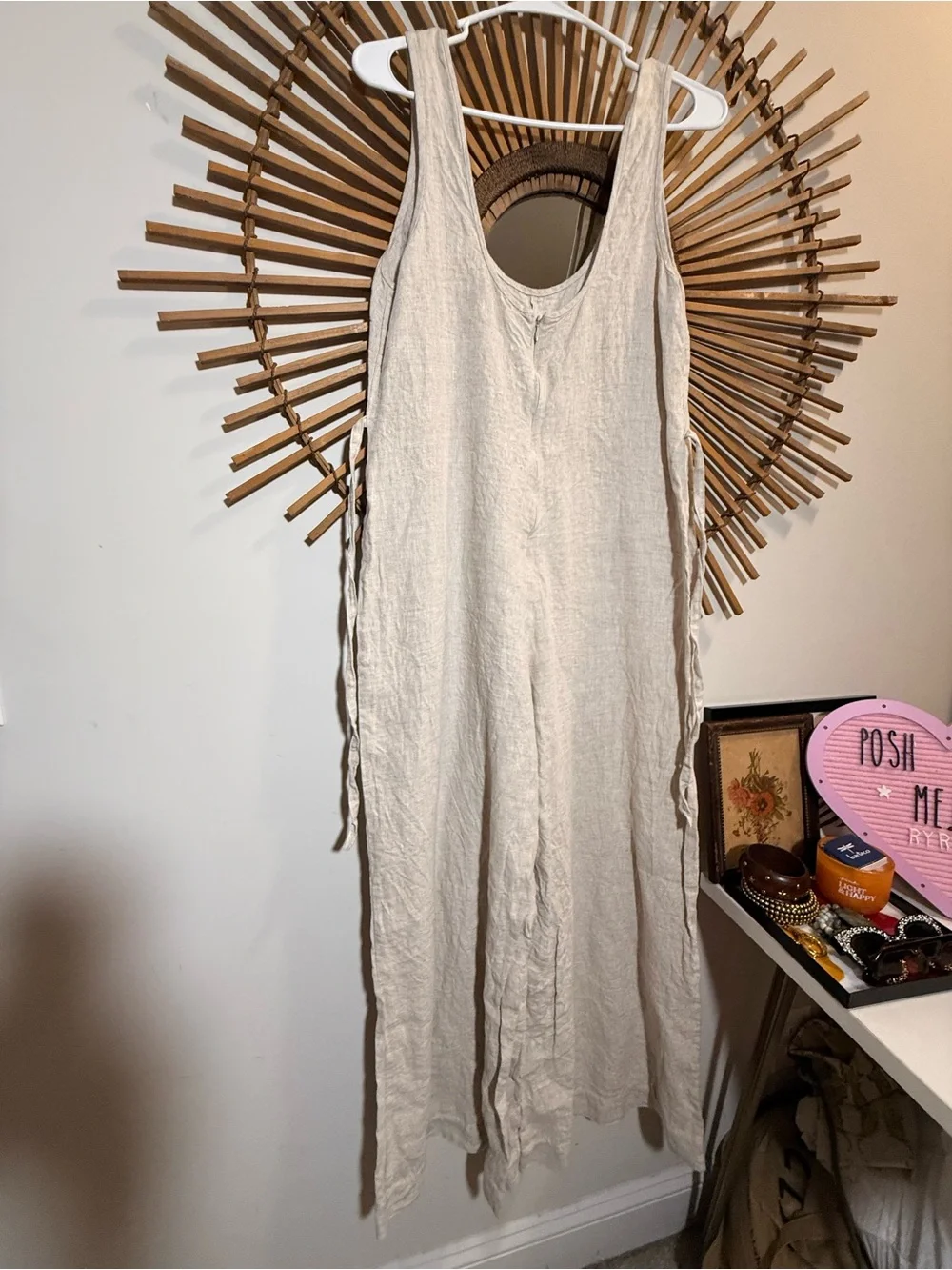 Reformation Women’s Nell Jumpsuit Linen Oatmeal Sleeveless Wide-Leg Jumpsuit Tie